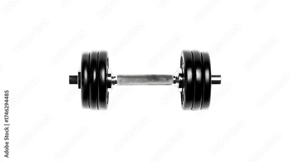 Fototapeta premium Heavy black adjustable dumbbell featuring multiple dark weight plates and a textured silver grip handle isolate