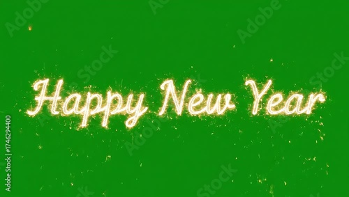 Festive Happy New Year sparkling text design on a green screen background, perfect for holiday VFX and celebratory video projects