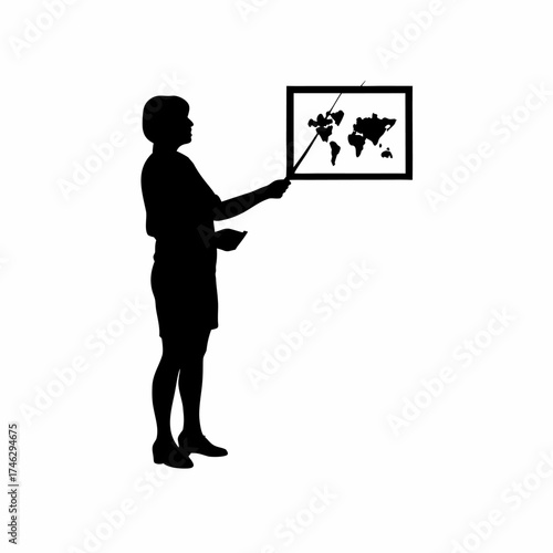 Silhouette of a teacher explaining geography map with pointer isolated on white background