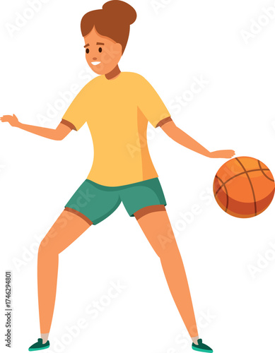 Young woman basketball player dribbling and getting ready to pass or shoot the ball during a game