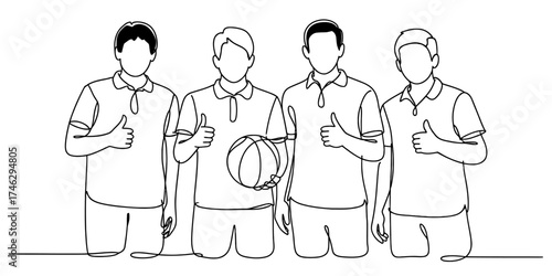 Continuous one line drawing of four young men in polo shirts holding a basketball vector