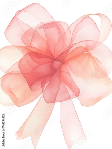 A large intricate sheer pink and peach bow with multiple translucent layers and flowing ribbons