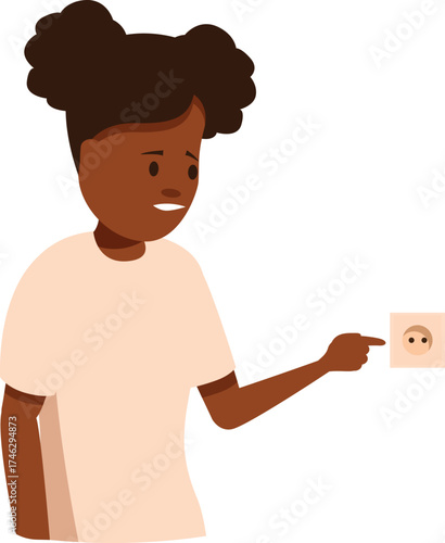 Curious child pointing at a covered electrical outlet, promoting home safety and preventing electrical hazards for toddlers