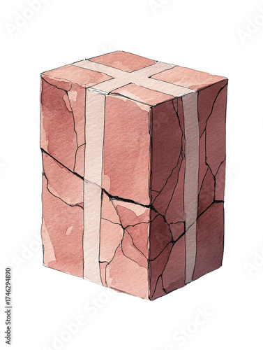 Watercolor illustration of a cracked reddish brown rectangular box with cross shaped tape on top and sides isolate