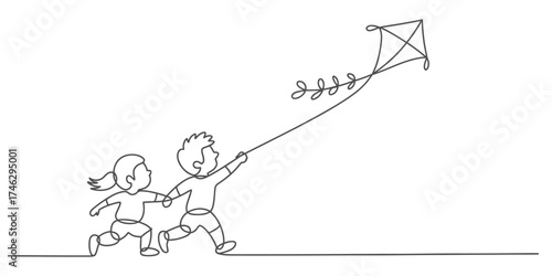 Children flying a kite in a continuous one line drawing sketch vector