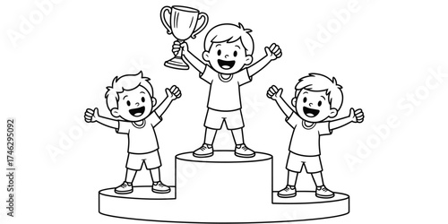 Continuous one line drawing of three happy children celebrating victory on a podium holding a trophy vector