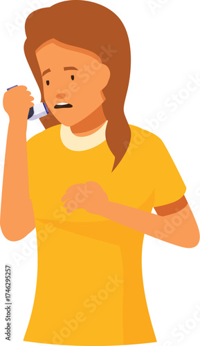 Worried woman using blue asthma inhaler during attack, experiencing breathing problems, isolated on white background