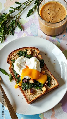 Deliciously Crafted Breakfast Toast with Poached Egg, Fresh Spinach, and Roasted Vegetables Paired with a Smooth, Freshly Brewed Cup of Coffee