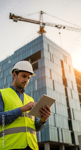 Construction worker using tablet near building crane