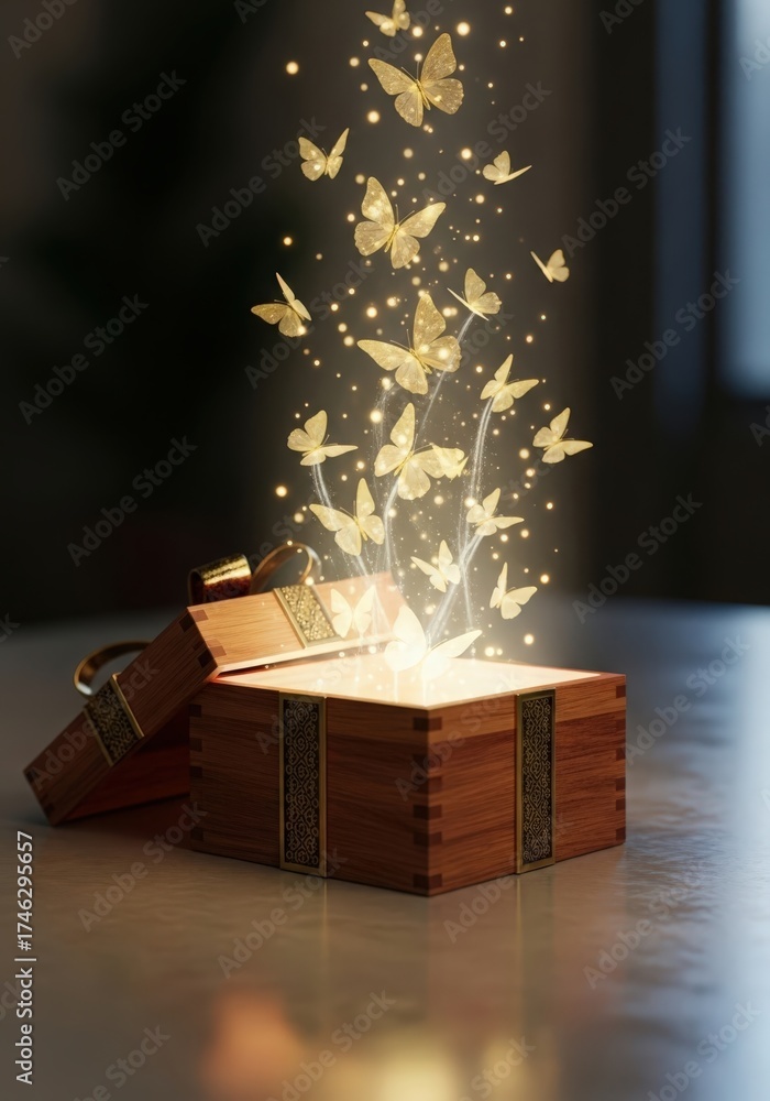 Fototapeta premium Magical wooden chest opening with golden butterflies and sparkling light emerging