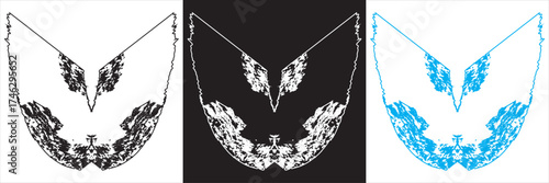 Abstract symmetrical inkblot shapes on black .Set of six abstract symmetrical white inkblot shapes on black background, resembling psychological Rorschach test or mirrored pattern art.
EPS10/AI.
