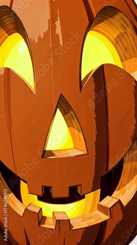 Close-up Animated Fiery Glowing Pumpkin with Carved Funny Grinning Face for Halloween Celebration
