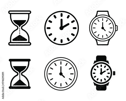 Collection of six classic timekeeping icons including hourglasses and clocks on white background
