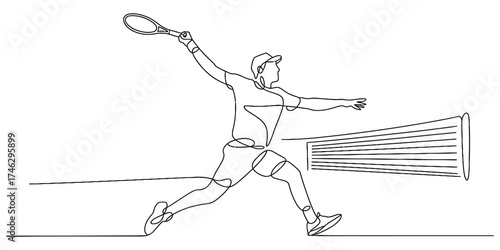 Continuous one line drawing of a tennis player in action near the net vector