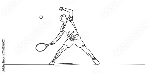 Continuous one line drawing of a tennis player in action on the court vector