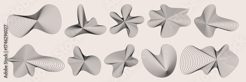 Black amorphous shapes with ripple line patterns for modern abstract geometric designs. Flowing forms with wavy stripes or parallel curves for contemporary art projects and digital backgrounds.