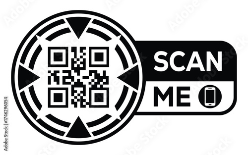Minimalist black and white QR code label design with "SCAN ME" message, modern style, ideal for marketing, digital menus, business promotions, and mobile-based contactless solutions.	