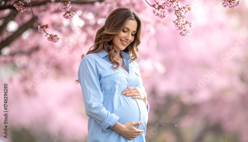 Beautiful pregnant woman with blooming cherry blossom trees in the background