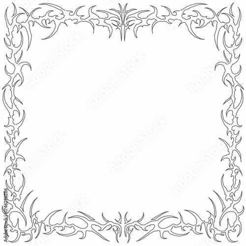 Neo tribal frames, cyber gothic style black white symmetrical shape, dark abstract borders. Cyber sigilism streetwear vector design elements