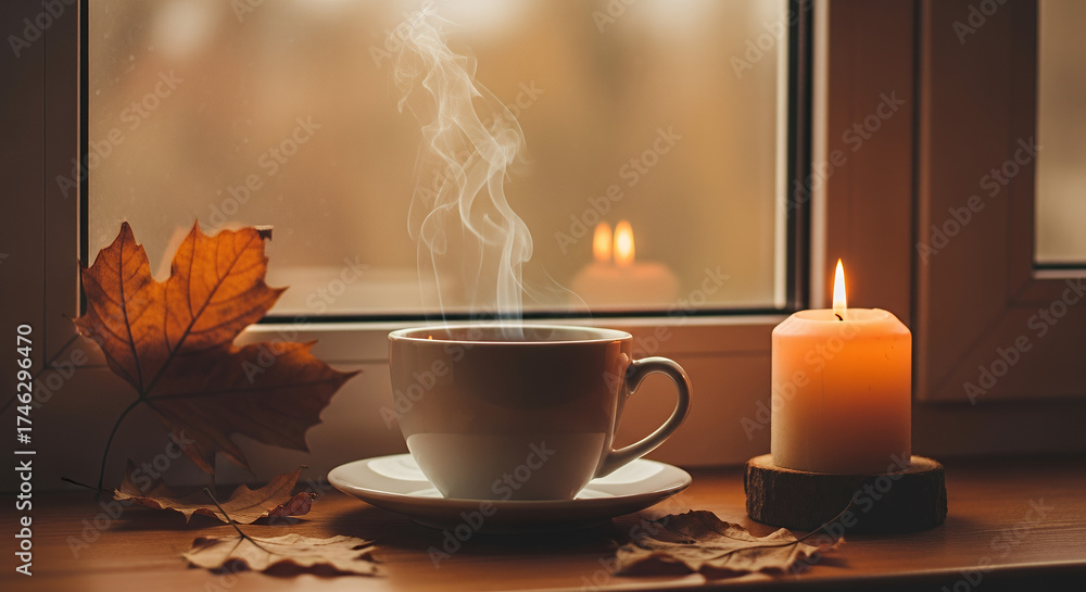 Fototapeta premium Steaming cup of coffee next to candle on window sill adorned with autumn leaves for cozy atmosphere