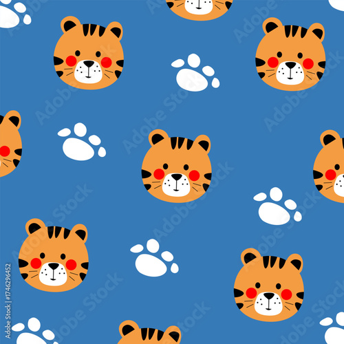 cute cat tiger savana cartoon vector seamless pattern design for kids apparel fullprint fabric