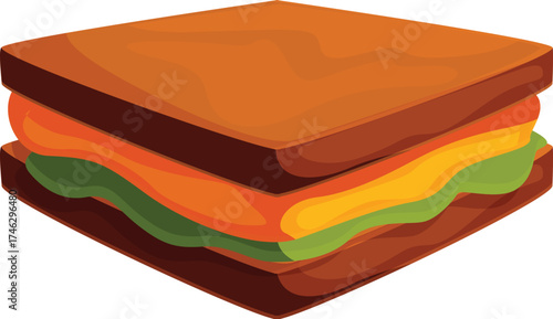 Cartoon drawing of a square sandwich with lettuce, cheese, and an orange filling between two slices of toasted bread