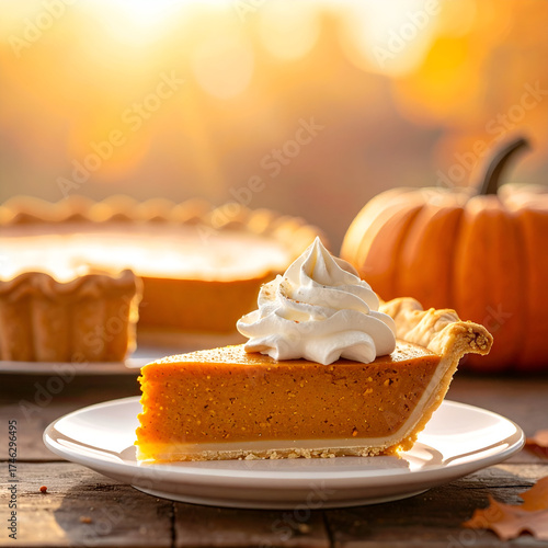Delicious Slice of Pumpkin Pie with Whipped Cream on a Rustic Wooden Table.