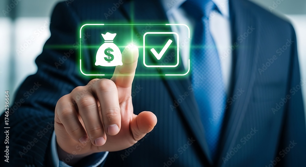 Obraz premium Businessman touches financial success icon suit hand