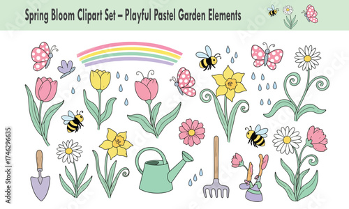 Spring Bloom Clipart Set – Playful Pastel Garden Elements
