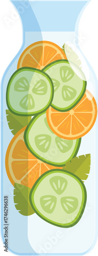 Glass jar filled with infused detox water containing cucumber, orange slices, and mint leaves, promoting a healthy lifestyle