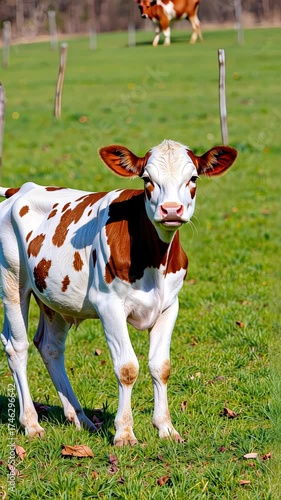 Young Brown and White Calf Grazing in Lush Green Pasture on Sunny Day with Mature Cow in Background