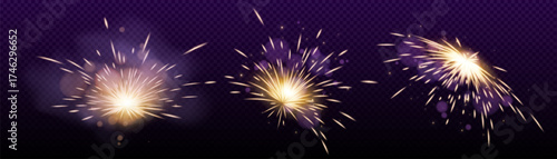Golden spark weld flashes with bright rays and particles for industrial or celebration design. Glowing bursts with bokeh effects on transparent background. Metalworking graphics for manufacturing.
