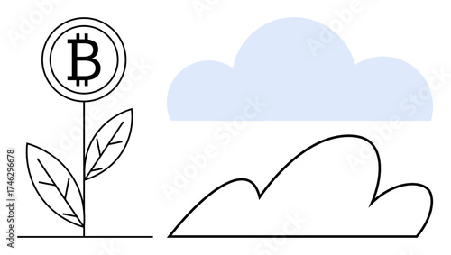 Plant sprouting Bitcoin sign beside blue cloud, symbolizing cryptocurrency growth, sustainability, and innovation. Ideal for finance, blockchain, technology, investment, savings eco-friendly