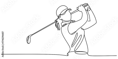 Continuous single line drawing of a golfer in mid swing showing focus and power vector