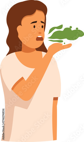 Young woman checking her breath, exhaling green cloud, suffering from halitosis