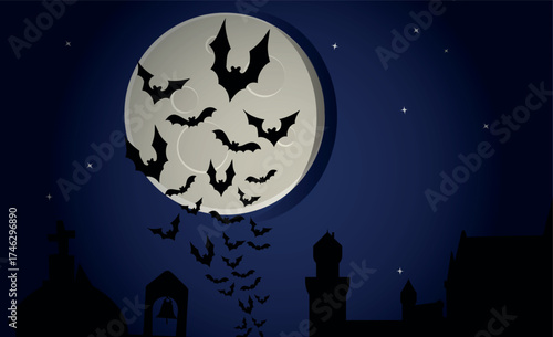 Vector illustration of a spooky Halloween night with full moon, bats, and silhouettes of gothic rooftops resembling an old church or abandoned cemetery. Dark and mysterious mood
