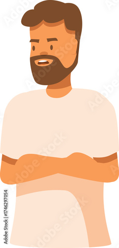 Young man with beard is crossing his arms, wearing casual t shirt and looking away