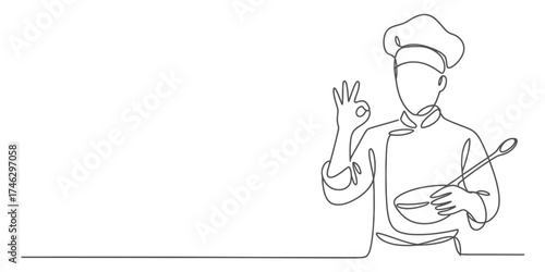 Continuous line drawing of a chef in uniform holding a bowl and spoon vector