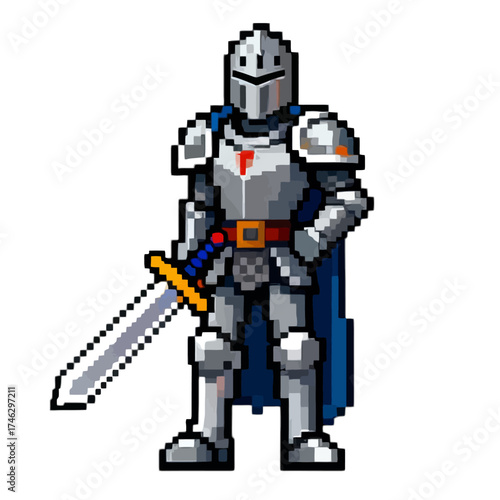 Pixel Knight with Sword: A pixelated knight, clad in gleaming silver armor, stands poised with a sharp sword, exuding strength and readiness in this digital portrait.