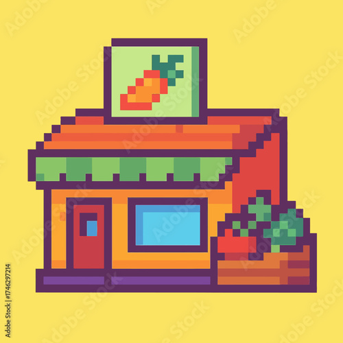 Pixelated Farmers Market: A charming pixelated illustration of a local farmers market brimming with fresh produce, exuding a sense of community and wholesome goodness.