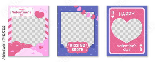 Love story social media frame set with kissing booth, Valentine greetings and heart cutouts for photo posts. Pink romantic templates with decorations, transparent areas and playful borders for couples