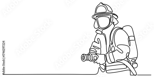Continuous one line drawing of a firefighter in protective gear holding a hose vector