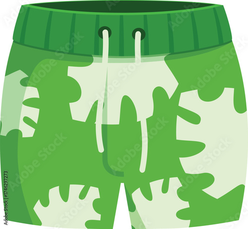 Stylish green swimming trunks featuring a tropical leaf print, perfect for enjoying a summer vacation by the pool or beach