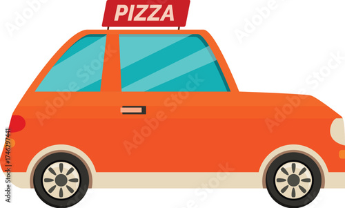 Side view of a generic orange pizza delivery car delivering food to hungry customers