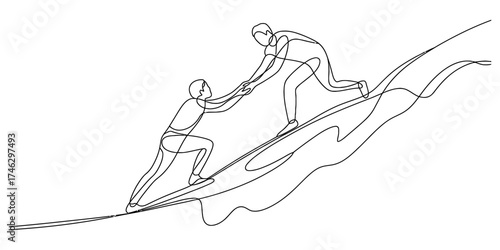 Continuous one line drawing of two people helping each other climb a steep rocky slope vector