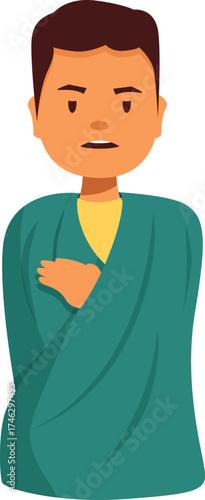 Cartoon sick character wrapped in blanket suffering from cold and shivering