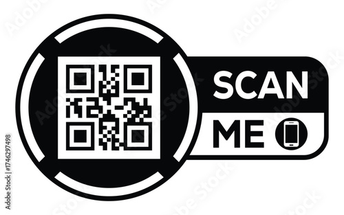 Minimalist black and white QR code label design with "SCAN ME" message, modern style, ideal for marketing, digital menus, business promotions, and mobile-based contactless solutions.	