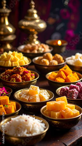 Delicious Indian Sweets Displayed in Golden Bowls for Celebration.
