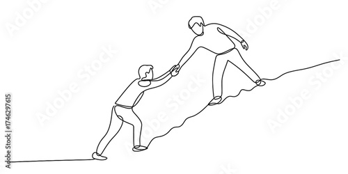 Continuous one line drawing of two people helping each other climb a steep incline symbolizing teamwork vector