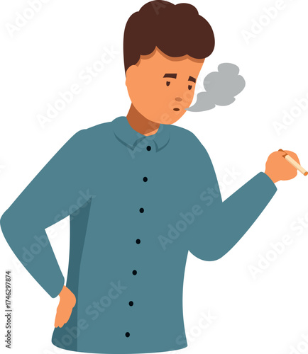 Young man smoking a cigarette exhaling smoke, sad expression